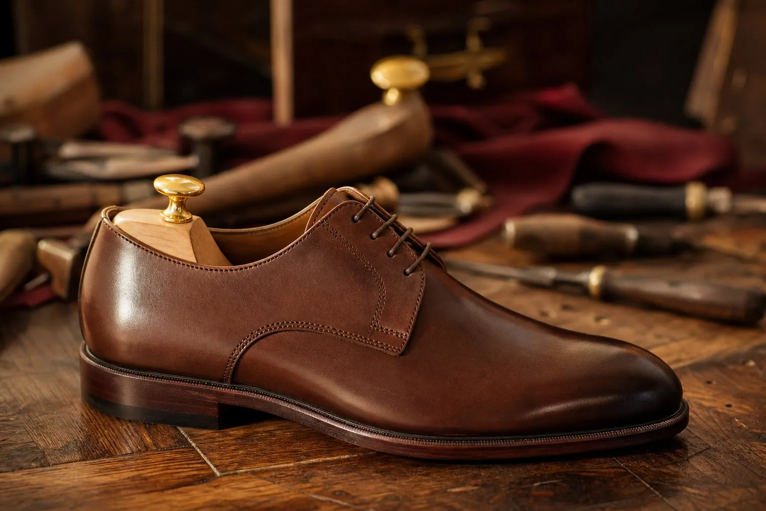 Chaussure derby en cuir marron posee sur un parquet en bois, semelle en cuir visible en gros plan, atelier de cordonnerie en arriere plan