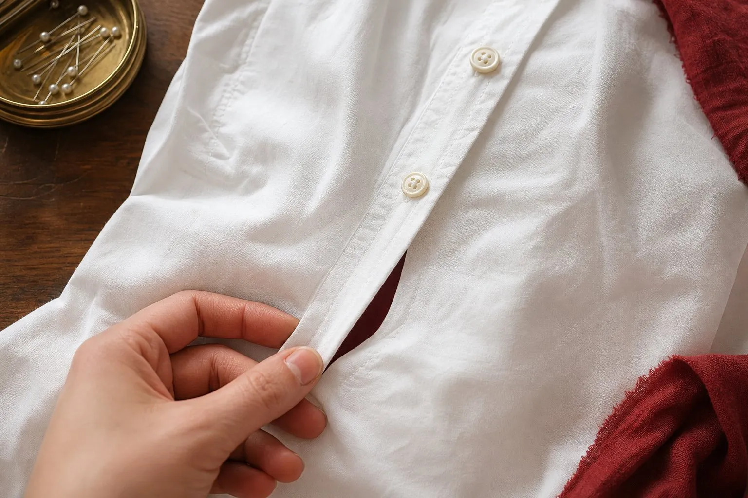 Chemisier blanc pose a plat sur un lit, boutonniere en gros plan avec un petit bouton-pression transparent cousu a l'interieur