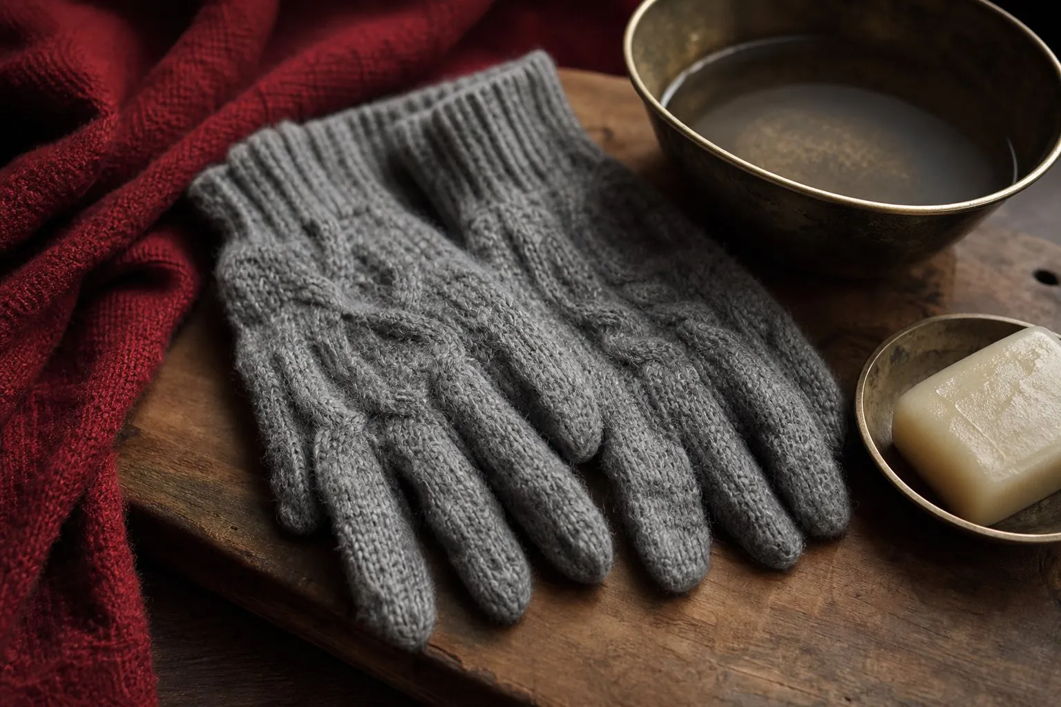 Paire de gants en laine grise feutree posee sur une planche en bois pres dun bol deau tiede et dun savon doux