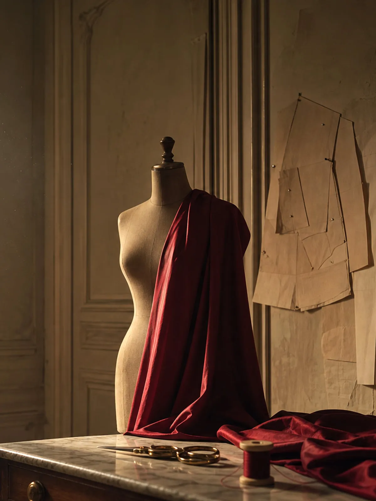 Atelier de couture parisien : buste de couturière drapé de soie carmin, ciseaux de tailleur en laiton et patrons de couture épinglés au mur