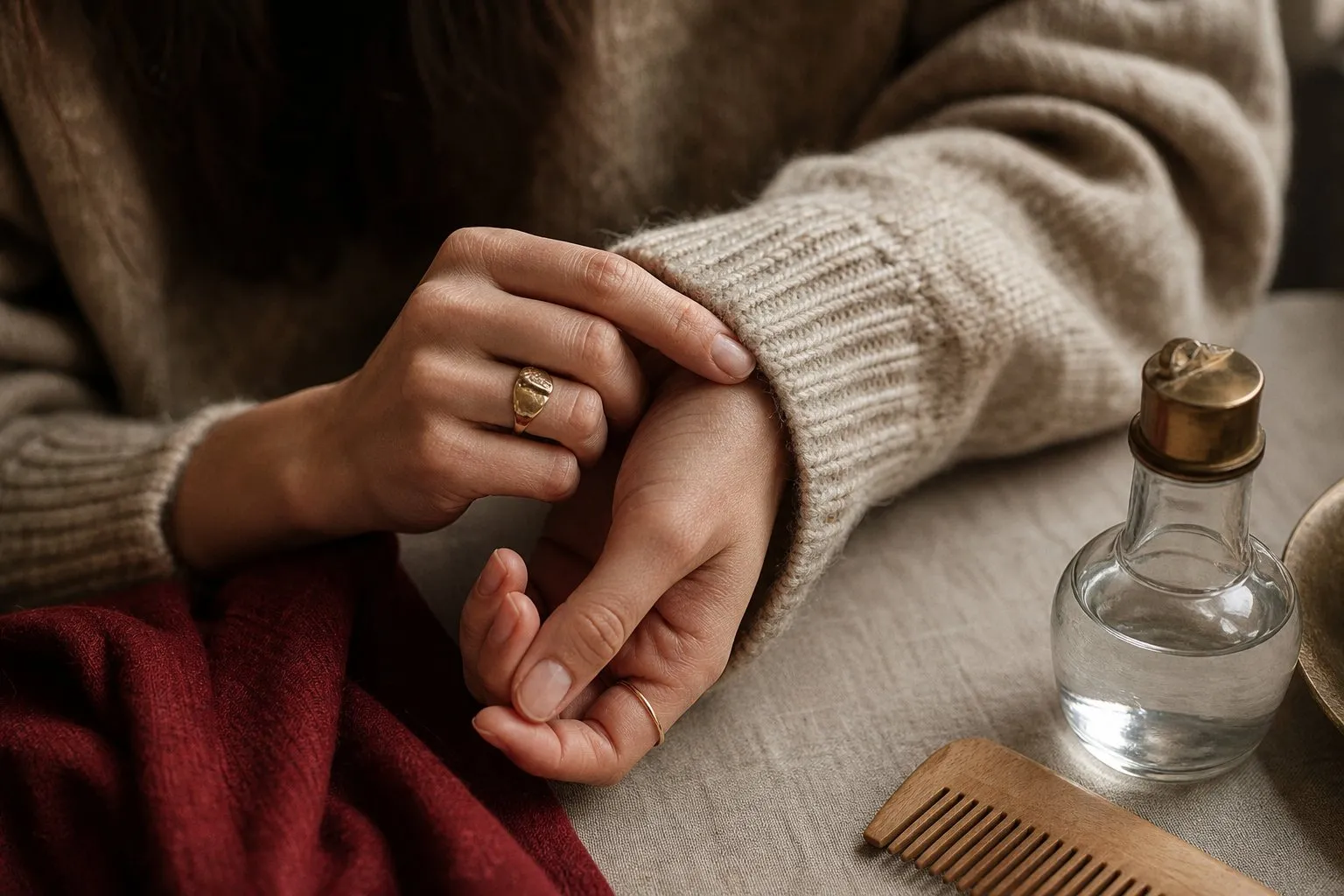 Pull en laine côtelée gris chiné posé à plat sur une table en bois, avec un flacon de vinaigre blanc et un peigne à cachemire à côté