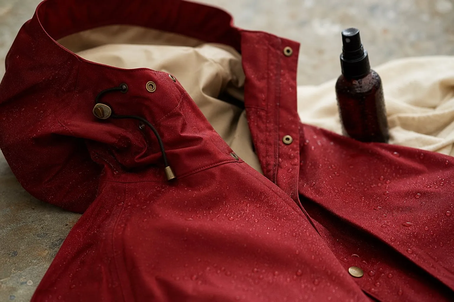 Veste impermeable posee a plat sur une table, gouttes d'eau perlant sur le tissu traite, flacon de spray deperlant a cote