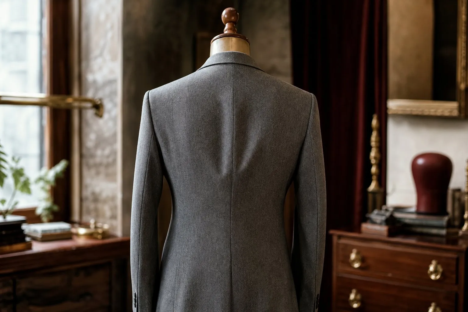 Veste de costume grise posee sur un mannequin de couturier, dos en gros plan montrant une legere poche de tissu entre les omoplates