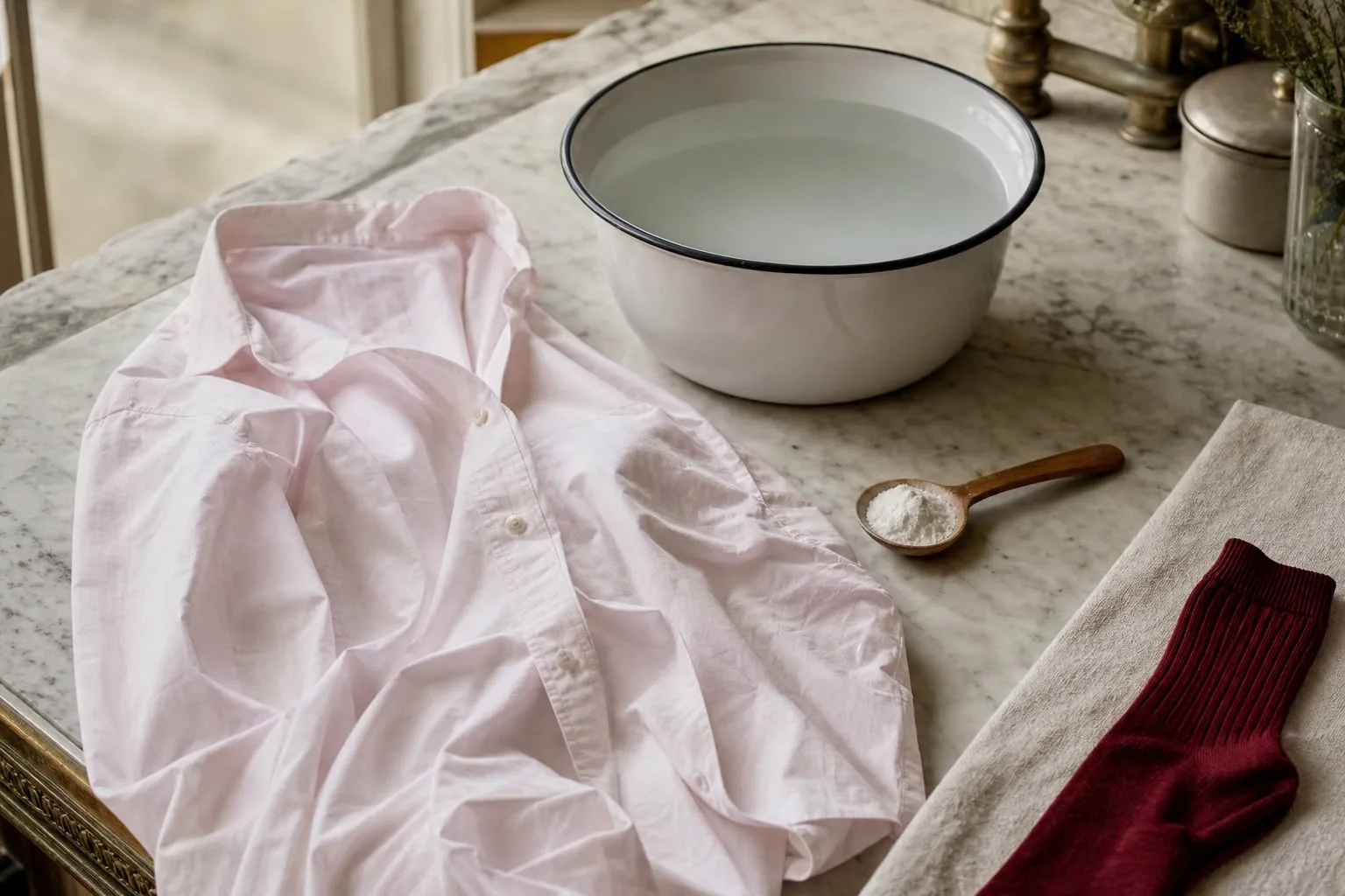 Chemise blanche virée au rose posée à côté d'une bassine d'eau claire, cuillère de poudre de percarbonate et chaussette rouge sur un plan de travail clair